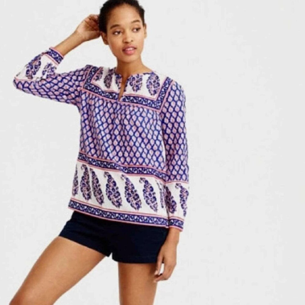 J.Crew French Country Peasant Red White Blue Paisley Top Boho Preppy Size 6